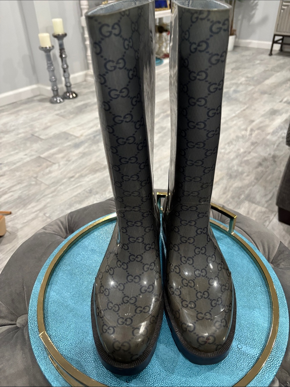 Gucci Gray and Navy GG Monogram Rainboots